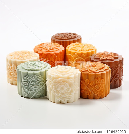 Colorful Mooncakes Displayed on White Background with Intricate Designs Colorful Mooncakes Displayed on White Background with Intricate Designs 116420923