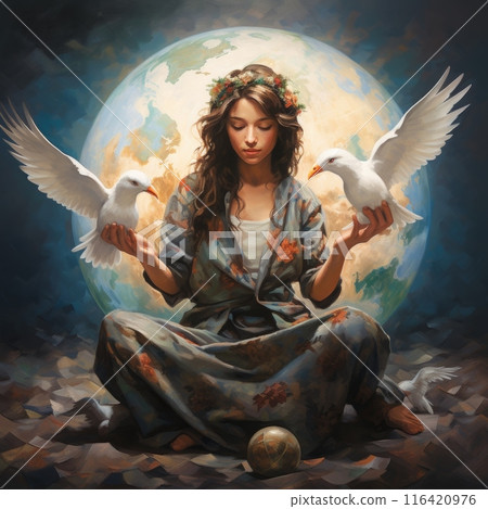 Enchanting Portrait of a Lady Embraced by Doves, Dancing under the Moonlight in a Magical Garden 116420976