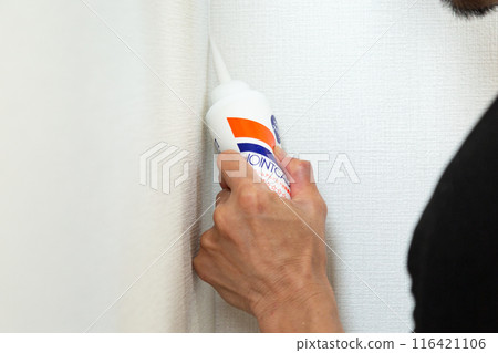 A craftsman applying wallpaper to a used house 116421106