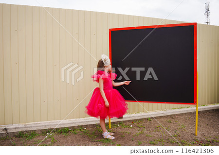 Beautiful little girl in a lush pink dress at a large blackboard. Beautiful little girl in a lush pink dress at a large blackboard. 116421306