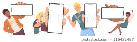 Diverse happy people with blank smartphone displays set 116421497