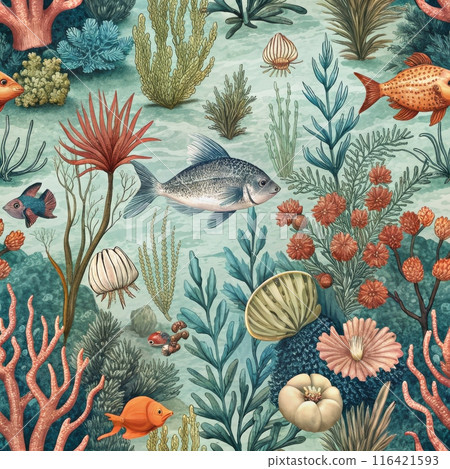 Illustration of a vibrant coral reef with diverse marine life in an underwater ecosystem 116421593