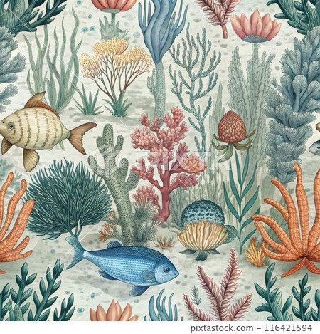 Illustration of a vibrant coral reef with diverse marine life in an underwater ecosystem 116421594