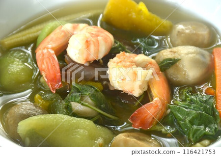 boiled spicy mixed vegetable with fresh shrimp soup on bowl 116421753