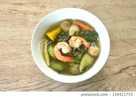 boiled spicy mixed vegetable with fresh shrimp soup on bowl boiled spicy mixed vegetable with fresh shrimp soup on bowl 116421755