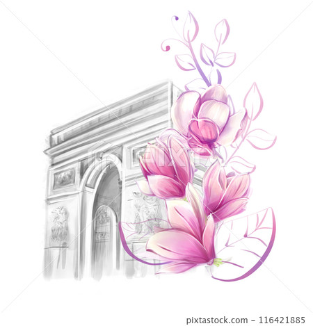 Arc de Triomphe in Paris in spring romantic style with magnolias, watercolour. Tourism, sights and architecture of Paris, clipart for design of cards, invitations, posters, banners 116421885