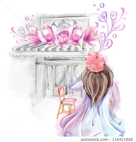 Watercolor illustration of a girl in a red beret on the background of a Parisian shop, cafe, bakery, in front of a shop window. Romantic trip to France, clipart for banner design, postcard, invitation 116421888