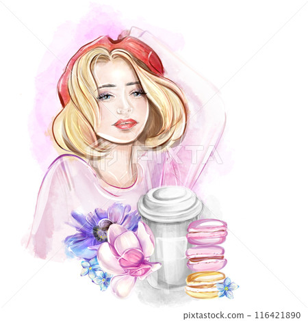 Watercolor illustration of a blonde woman in a red beret with coffee and macarons. French breakfast, bakery. Romantic trip to France, clipart for banner design, postcard, invitation 116421890