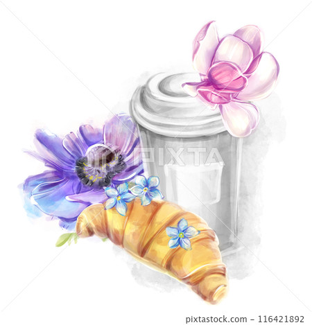 Paper cup of coffee and croissant in watercolor style with magnolias and anemone. French breakfast, bakery. Romantic trip to France, clipart for banner design, postcard, invitation 116421892