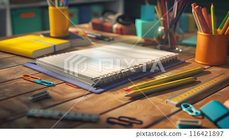 A cluttered study desk filled with notebooks, pencils, paper clips, and other school supplies. 116421897