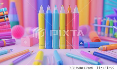 A colorful assortment of bright pencils and markers 116421899