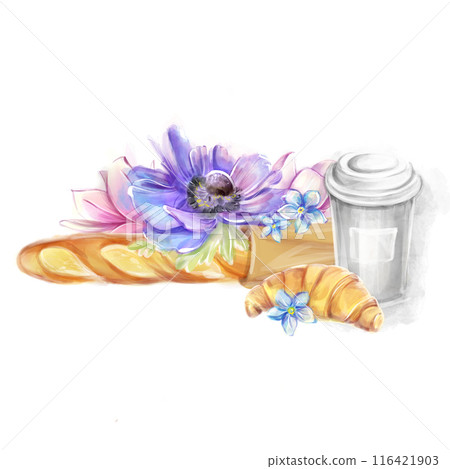French baguette, croissant and coffee. Watercolor illustration. Logo for a bakery French baguette, croissant and coffee. Watercolor illustration. Logo for a bakery 116421903