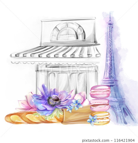 French bakery, pastry shop, macaroons. Parisian cafe. Watercolor illustration. Logo, clipart for design of flyers, website, banner, postcards, invitations 116421904