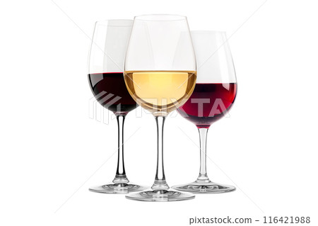 Set of red and white wine glasses isolated on white background. Rose wine splashing in glassware. 116421988