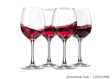 Set of red wine glasses isolated on white background. Rose wine splashing in glassware. Set of red wine glasses isolated on white background. Rose wine splashing in glassware. 116421990