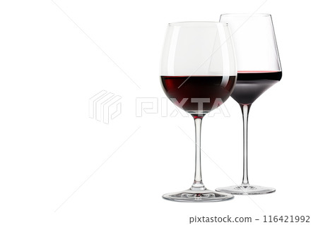 Set of red wine glasses isolated on white background. Rose wine splashing in glassware. Set of red wine glasses isolated on white background. Rose wine splashing in glassware. 116421992