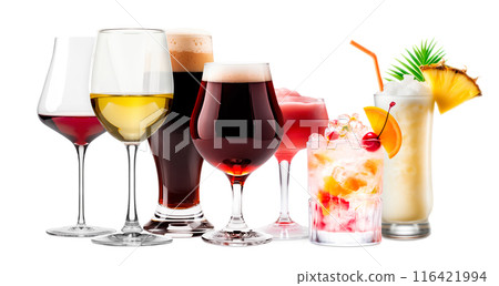 Set and collection of classic alcohol cocktails, beer and mocktail isolated on white background with fresh summer fruits 116421994