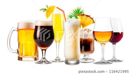 Set and collection of classic alcohol cocktails, beer and mocktail isolated on white background with fresh summer fruits 116421995