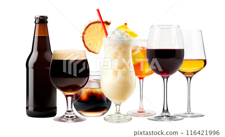 Set and collection of classic alcohol cocktails, beer and mocktail isolated on white background with fresh summer fruits Set and collection of classic alcohol cocktails, beer and mocktail isolated on white background with fresh summer fruits 116421996