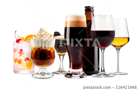 Set and collection of classic alcohol cocktails, beer and mocktail isolated on white background with fresh summer fruits Set and collection of classic alcohol cocktails, beer and mocktail isolated on white background with fresh summer fruits 116421998