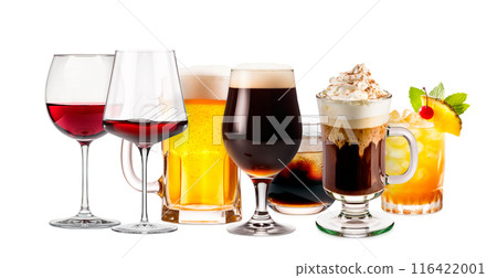 Set and collection of classic alcohol cocktails, beer and mocktail isolated on white background with fresh summer fruits 116422001