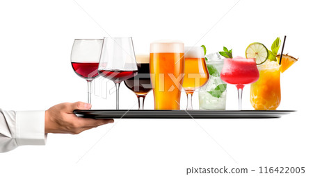 Waiter hand holding metal tray with collection of cocktails, beer and mocktail on white background with summer fruits Waiter hand holding metal tray with collection of cocktails, beer and mocktail on white background with summer fruits 116422005