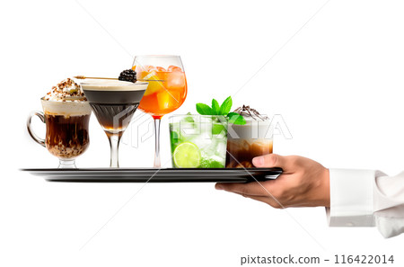 Waiter hand holding metal tray with collection of cocktails, beer and mocktail on white background with summer fruits 116422014