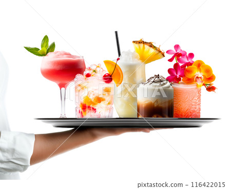 Waiter hand holding metal tray with collection of cocktails, beer and mocktail on white background with summer fruits 116422015