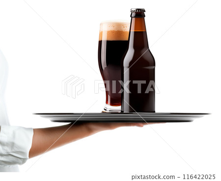 Waiter hand holding metal tray with set of Beer glasses and bottles on a white background. 116422025