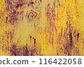 Vibrant yellow rusted metal background with nostalgia and industrial charm, aged metallic texture with signs of corrosion 116422058