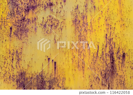 Vibrant yellow rusted metal background with nostalgia and industrial charm, aged metallic texture with signs of corrosion Vibrant yellow rusted metal background with nostalgia and industrial charm, aged metallic texture with signs of corrosion 116422058