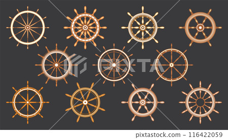 Wooden vintage steering wheels. Ship, sailboat or yacht retro wheel symbol. Brown nautical rudder icon. Marine logotype design element. Vector illustration 116422059