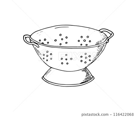 Colander hand-drawn. Kitchenware. Illustration isolated on white. 116422068