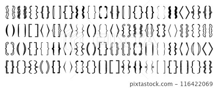 Various text brackets, black quotation box. Curly, square and corner parentheses. Vintage typographical symbol, calligraphic quote frame. Doodle, lettering element. Vector illustration Various text brackets, black quotation box. Curly, square and corner parentheses. Vintage typographical symbol, calligraphic quote frame. Doodle, lettering element. Vector illustration 116422069