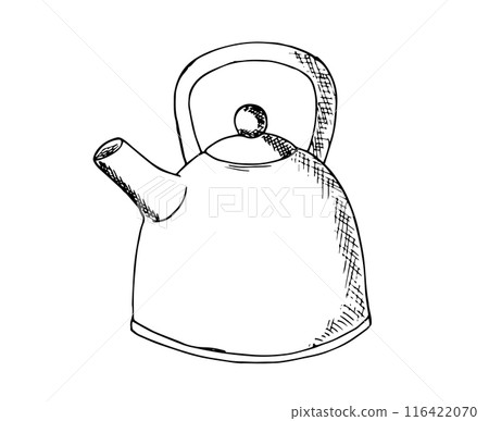 Hand-drawn kettle in sketch style. Kitchenwear. Isolated illustration of a kitchen appliance. 116422070