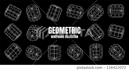 Wireframe lined shapes. Perspective mesh, 3d grid. Low poly geometric elements. Retro futuristic design elements, y2k, vaporwave and synthwave style. Vector illustration Wireframe lined shapes. Perspective mesh, 3d grid. Low poly geometric elements. Retro futuristic design elements, y2k, vaporwave and synthwave style. Vector illustration 116422072