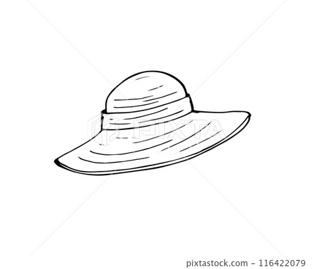 Summer wicker hat with wide brim. women hat protection from the sun. Hand-drawn illustration isolated on white 116422079