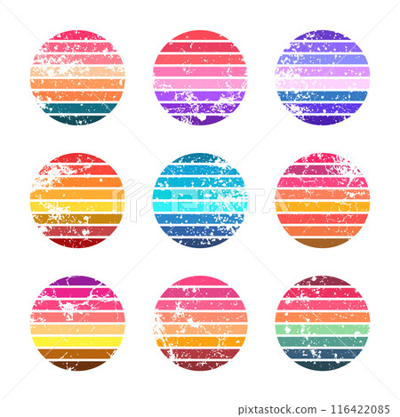 Grunge vintage sunset collection. Colorful striped sunrise badges in 80s and 90s style. Sun and ocean view, summer vibes, surfing. Design element for print, logo or t-shirt. Vector illustration Grunge vintage sunset collection. Colorful striped sunrise badges in 80s and 90s style. Sun and ocean view, summer vibes, surfing. Design element for print, logo or t-shirt. Vector illustration 116422085