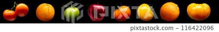 Set of tomatoes. oranges and apples isolated on black background 116422096