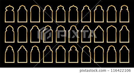 Islamic frames, oriental style. Golden arabic shapes, windows and arches. Traditional ornamental banner, frame. Muslim holidays, Ramadan Kareem. Modern eastern architecture. Vector illustration Islamic frames, oriental style. Golden arabic shapes, windows and arches. Traditional ornamental banner, frame. Muslim holidays, Ramadan Kareem. Modern eastern architecture. Vector illustration 116422106