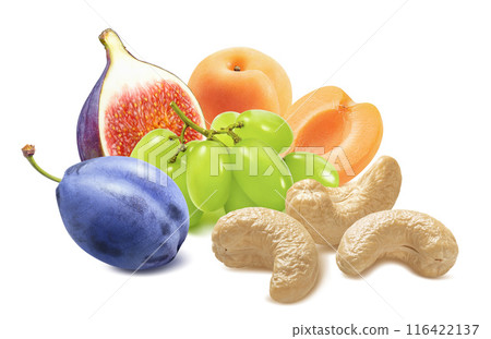 Cashew nuts, plum, fig, apricots and green grapes isolated on white background. Fruit and nut mix 116422137