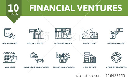 Financial Ventures thin line icon set. Gold Futures, Rental Property, Business Owner, Index Funds, Cash Equivalent, Annuities, Ownership Investments, Lending Investments, Real Estate, Complex Products 116422353