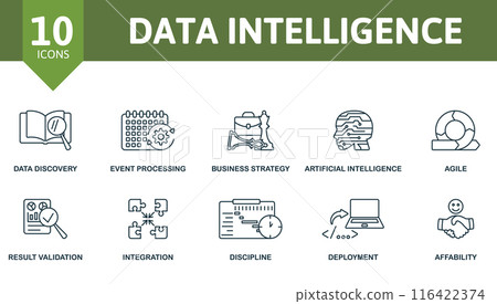 Data Intelligence thin line icon set. Data Discovery, Event Processing, Business Strategy, Artificial Intelligence, Agile, Result Validation, Integration, Discipline, Deployment, Affability icons. 116422374