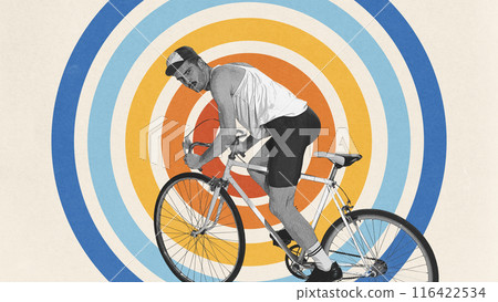 Man in retro-style clothes riding on bike with determined face against light background with abstract colorful element. Creative design Man in retro-style clothes riding on bike with determined face against light background with abstract colorful element. Creative design 116422534