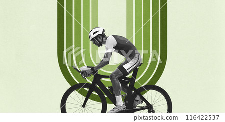 Muscular man, athlete in uniform and helmet riding on bike against light background with abstract colorful element. Creative design Muscular man, athlete in uniform and helmet riding on bike against light background with abstract colorful element. Creative design 116422537