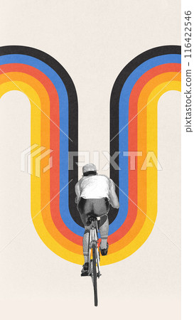 Back view of concentrated man, riding in motion on bicycle riding against light background with abstract colorful element. Creative design Back view of concentrated man, riding in motion on bicycle riding against light background with abstract colorful element. Creative design 116422546