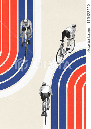 Young guy, rider in retro-style clothes riding on bicycle against light background with abstract colorful element. Creative design Young guy, rider in retro-style clothes riding on bicycle against light background with abstract colorful element. Creative design 116422550