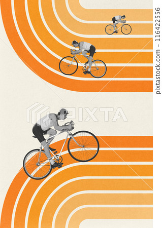 Concentrated man in retro style clothes riding on bike, training against light background with abstract colorful element. Creative design Concentrated man in retro style clothes riding on bike, training against light background with abstract colorful element. Creative design 116422556