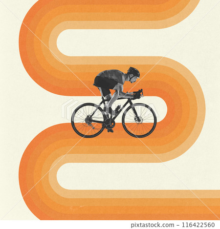 Monochrome image of determined cycling athlete in motion, riding fast, training against light background with abstract colorful element. Creative design in minimal style. 116422560