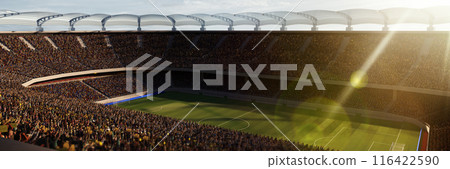 Aerial view of soccer stadium with lush green field and filled stands with passionate fans. 3D render of open air arena 116422590